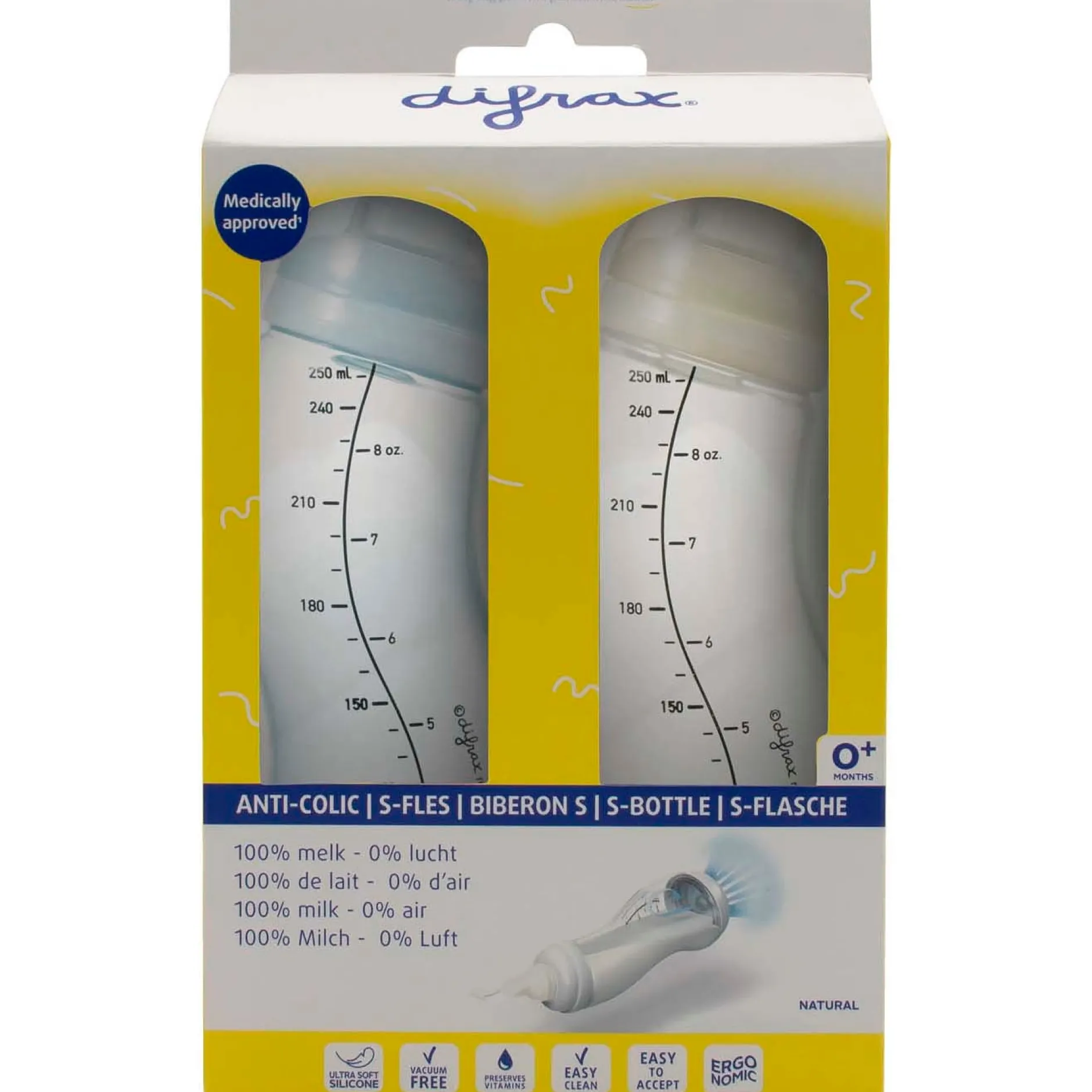 Flesjes*Difrax S-fles Anti-colic - natural 250ml 2 stuks blauw