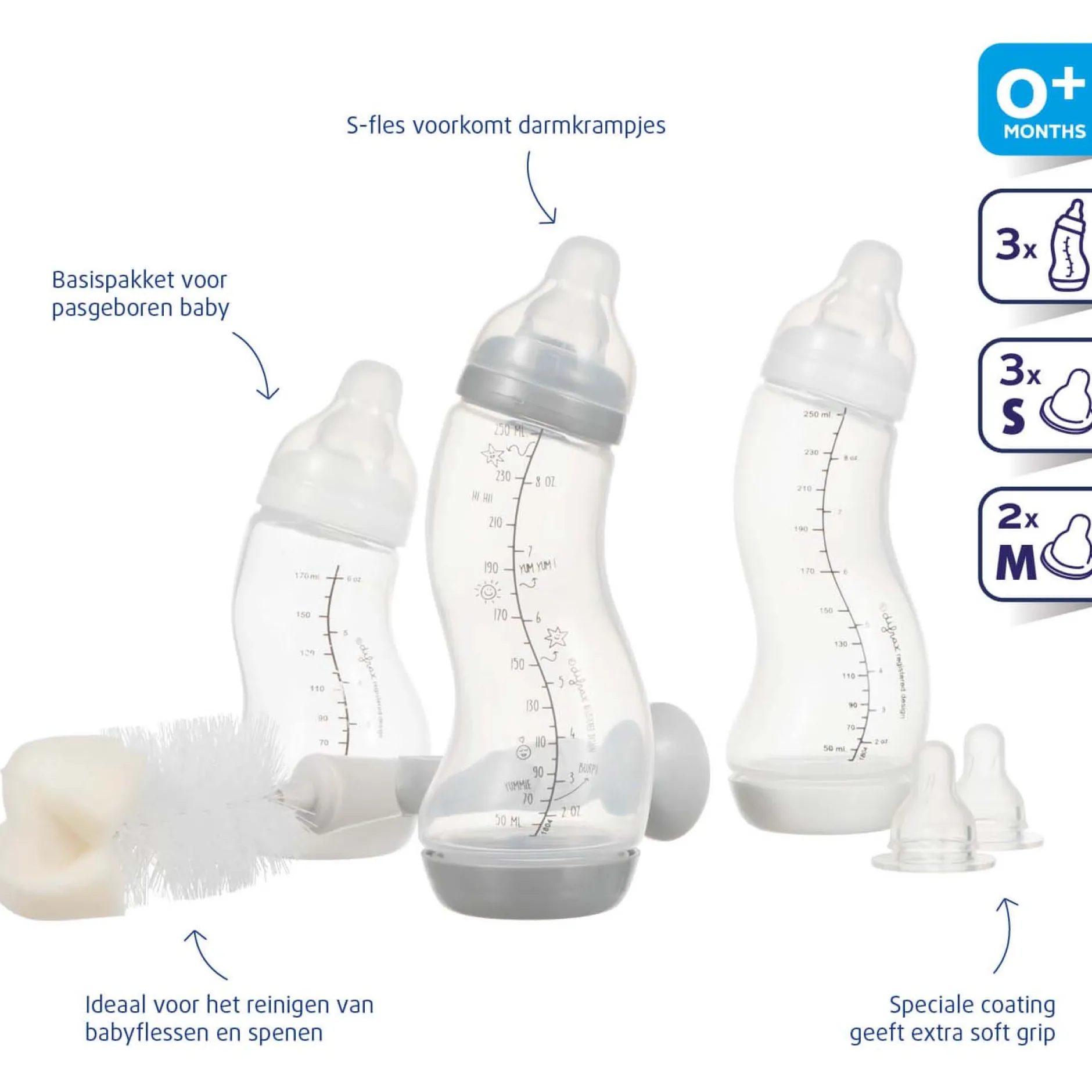 Startersets*Difrax startersset S-flessen met borstel grijs
