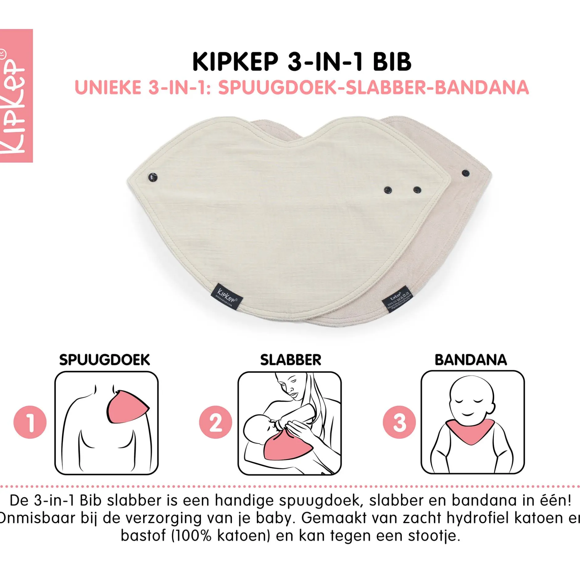 Slabbetjes*Kipkep 3-in-1 slab 2 stuks beige