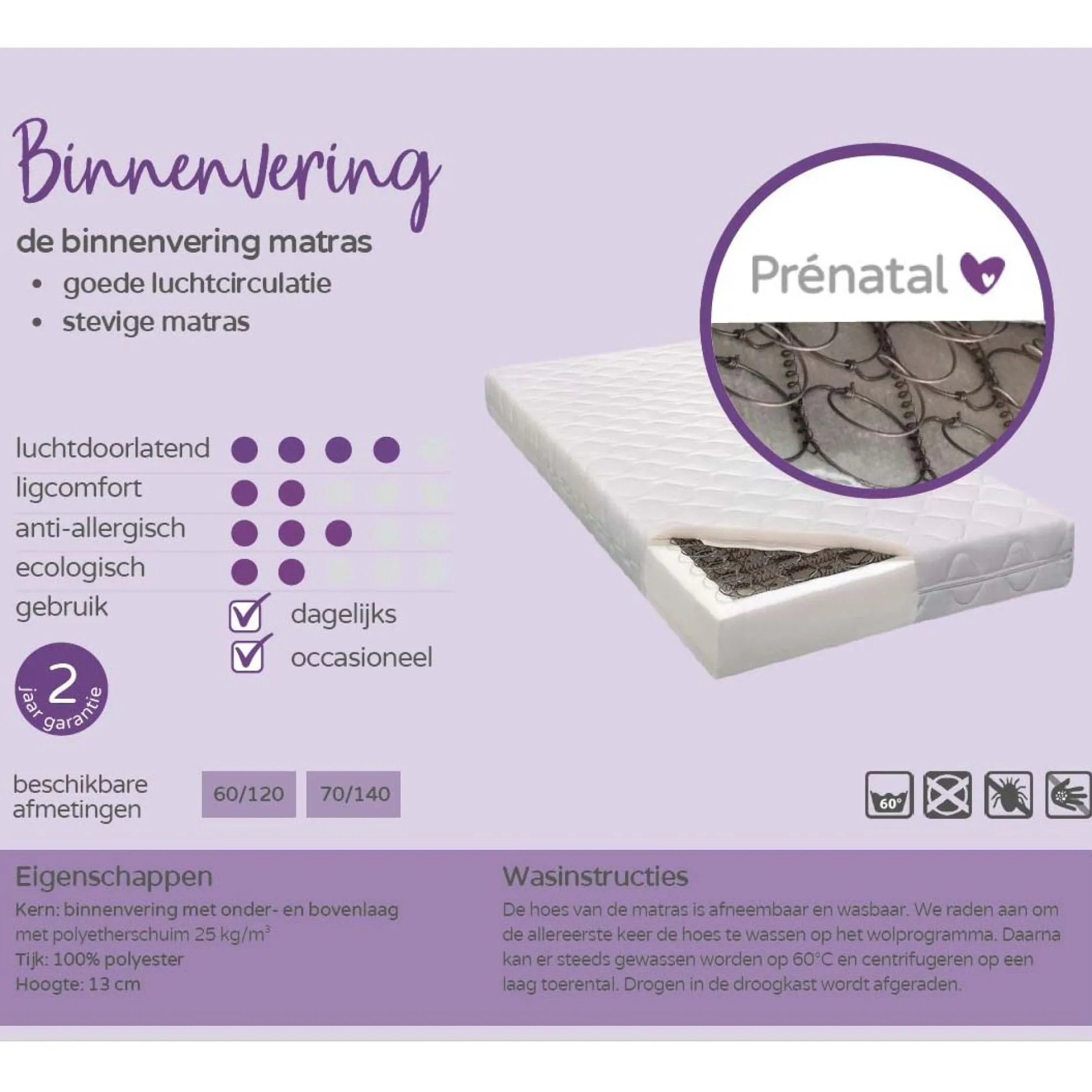 Ledikantmatrassen*Prénatal Binnenvering Matras 60x120cm