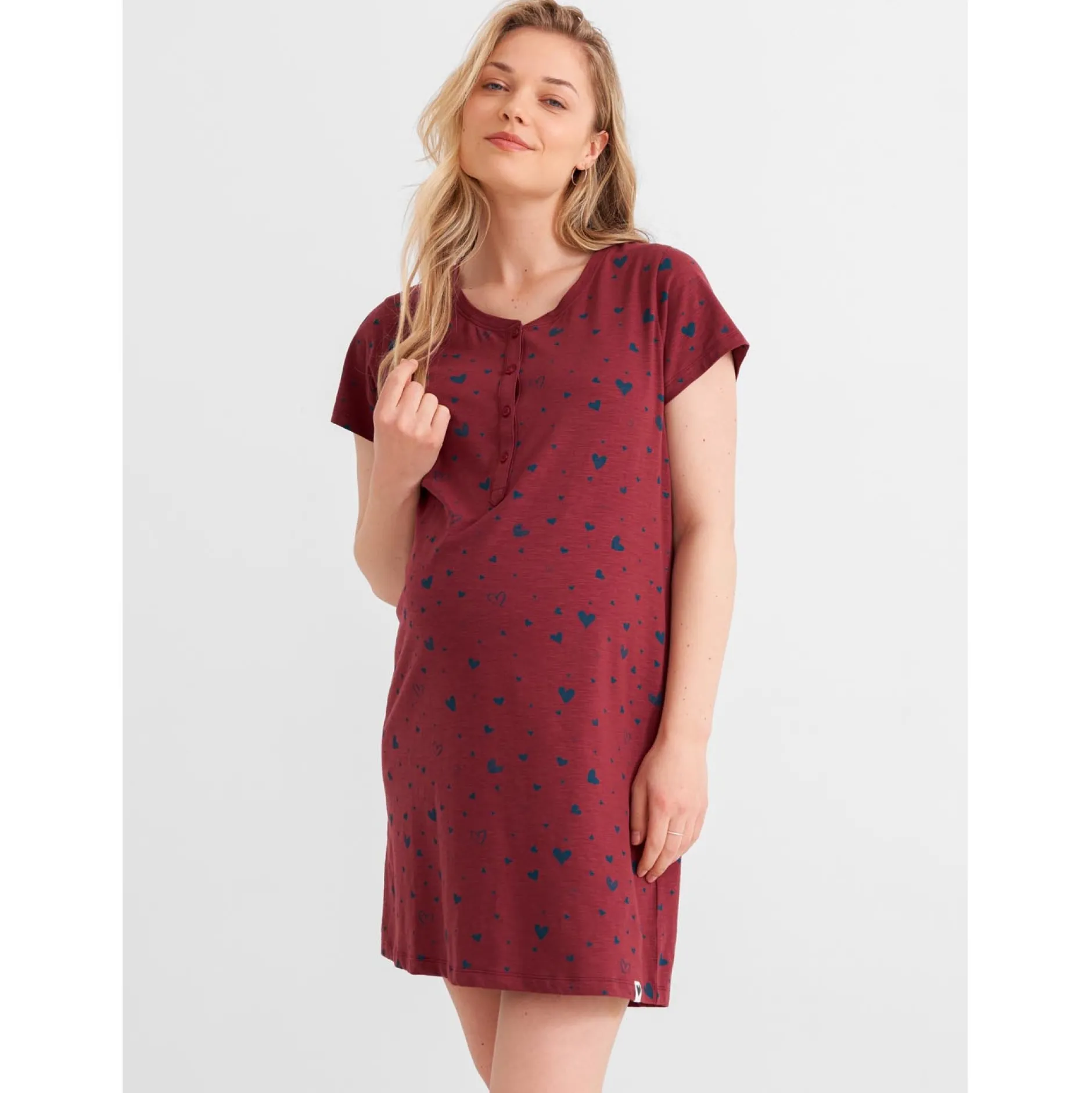Pyjama's*Prénatal zwangerschapsnachtjapon korte mouwen hartjes rood Dark Redshade