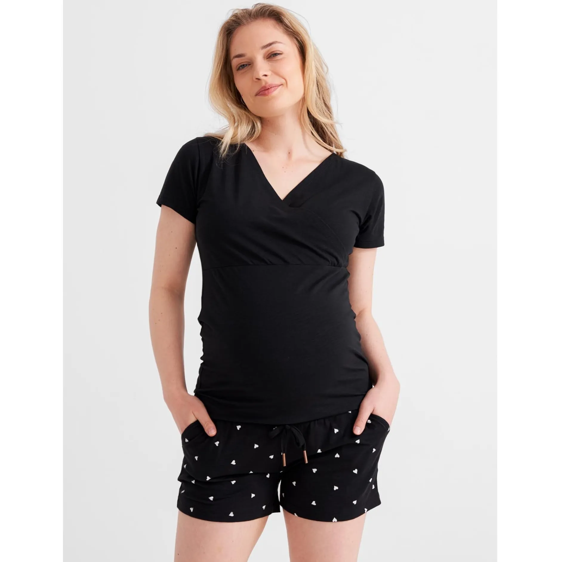 Pyjama's*Prénatal zwangerschapspyjama T-shirt korte mouwen effen zwart Black