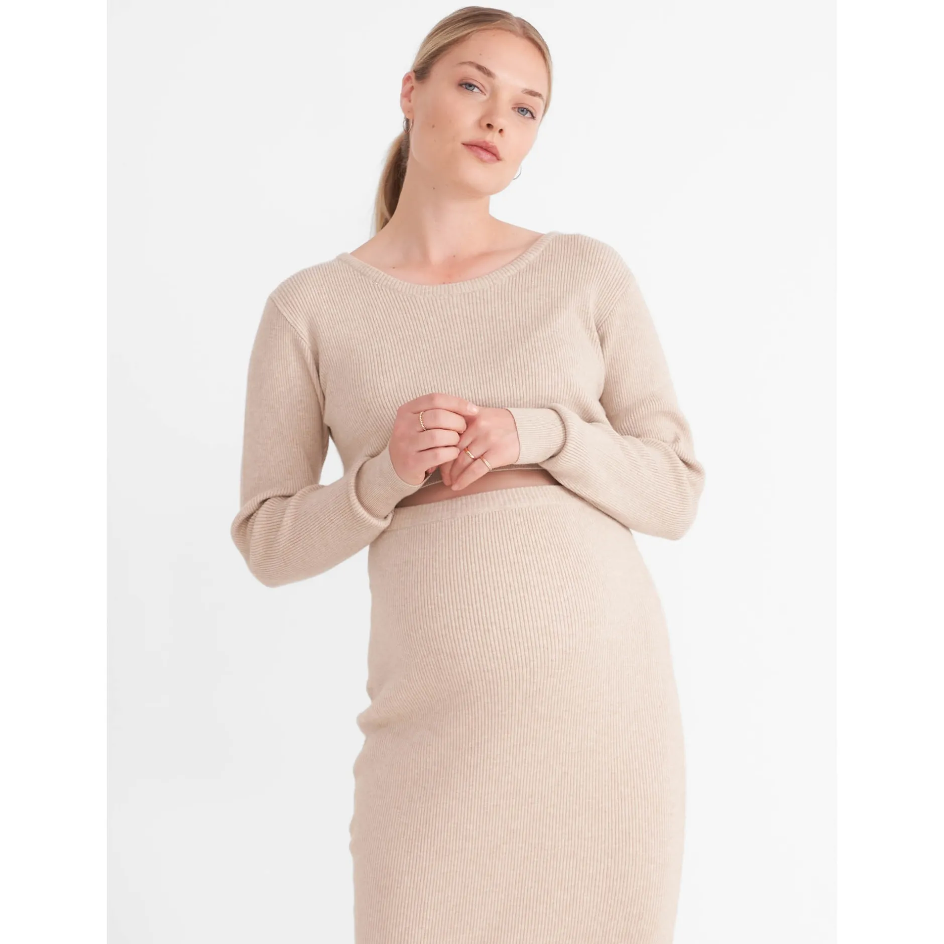 Truien & Vesten*Prénatal zwangerschapstrui lange mouwen effen beige Light Brown Melange