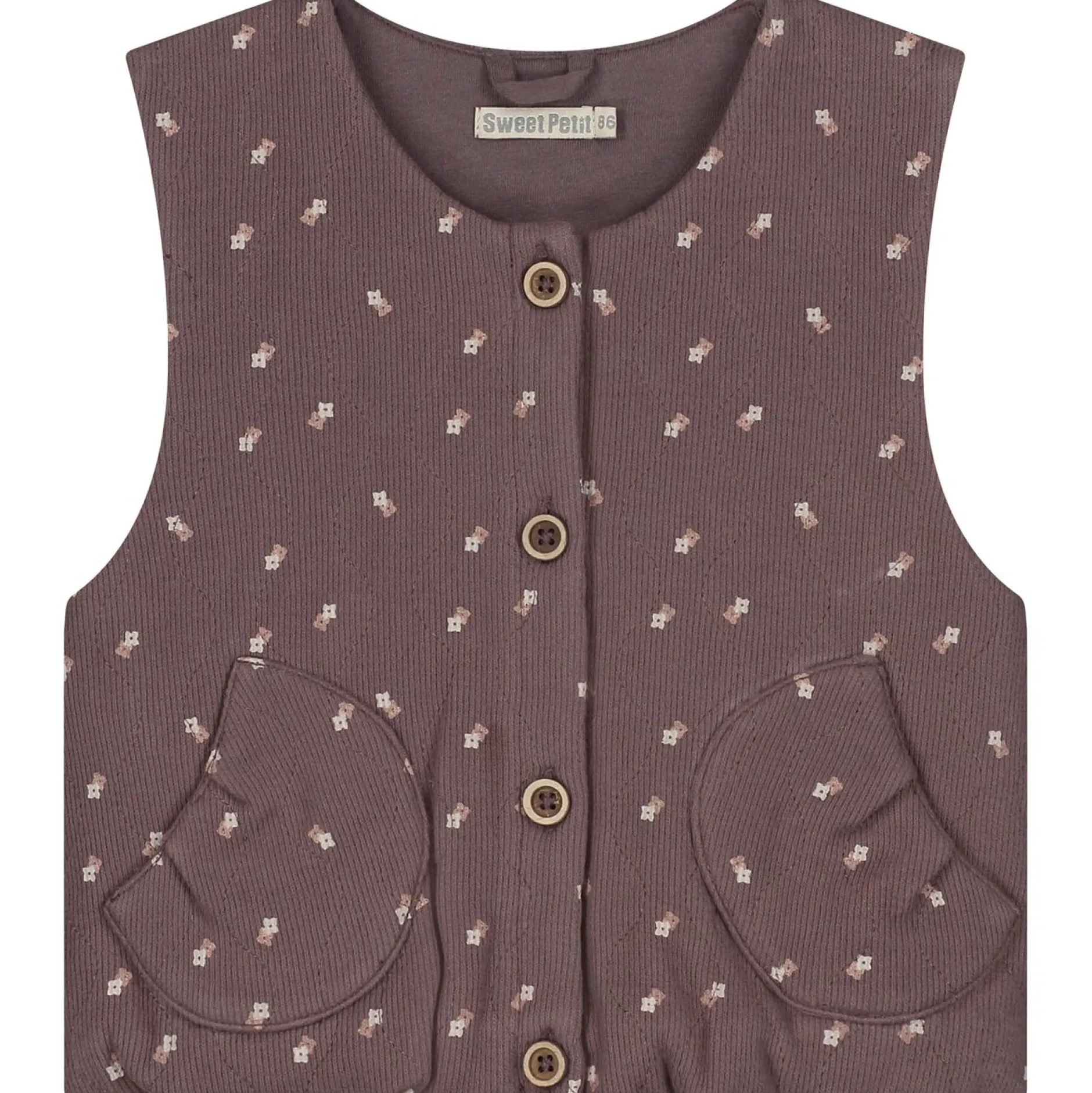 Truien & Vesten|Vesten*Sweet Petit baby gilet Jitte mouwloos all over print bruin Dark Mud Brown