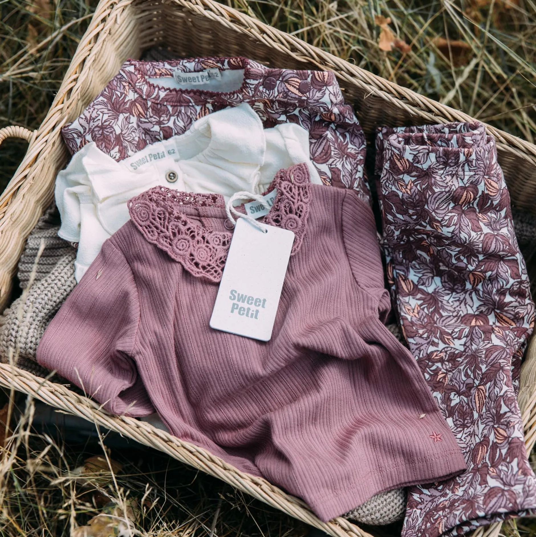 Truien & Vesten|Shirts & Blouses*Sweet Petit baby sweater mira lange mouwen bladeren multi Soft Ecru Melange