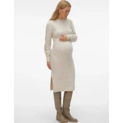 Jurken & Rokken*Vero Moda Maternity VERO MODA zwangerschapsjurk lange mouwen effen beige Light Ecru